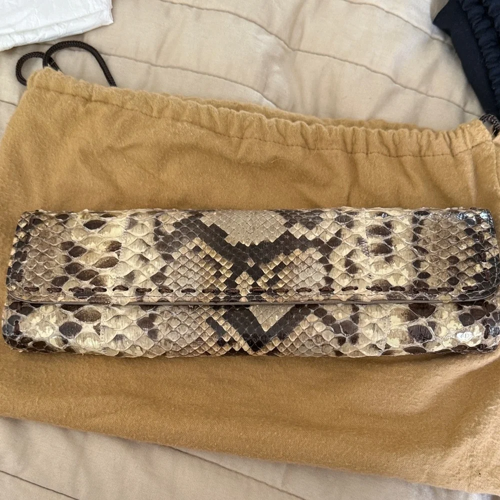 Carlos Falchi Beige and Brown Python-Print Wristlet Clutch - Picture 2 of 3
